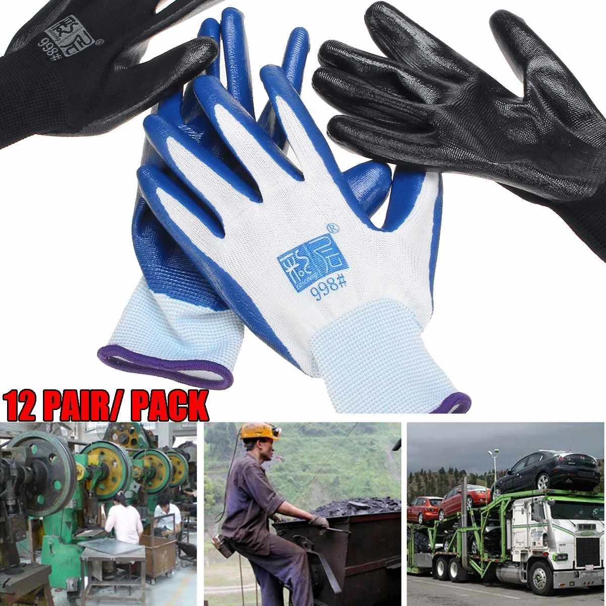 

12 Pairs Nitrile Coated Labor Insurance Cut Proof Working Gloves Wear Resistant Non Slip Safety Hand Gloves 2 Colors