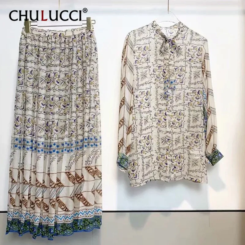 

6.21 high quality High Street female Long sleeve Bow collar vintage Print shirt+High waist Ankle-Length skirts Two-piece set