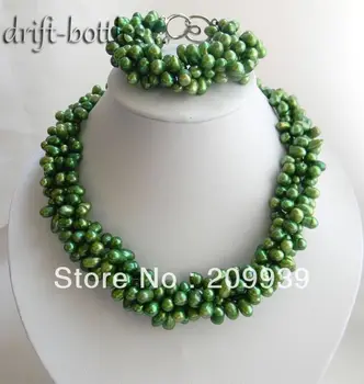 

huij 002077 4Strands Green rice Freshwater Pearl Necklace Bracelet Set