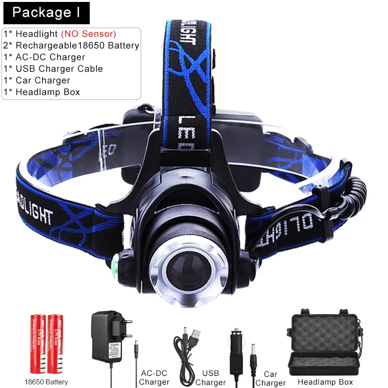 Сенсорный светодиодный светильник на голову, Мощный T6/L2/V6 налобный фонарь, USB головной светильник, масштабируемый Головной фонарь, водонепроницаемый головной светильник - Испускаемый цвет: Package I