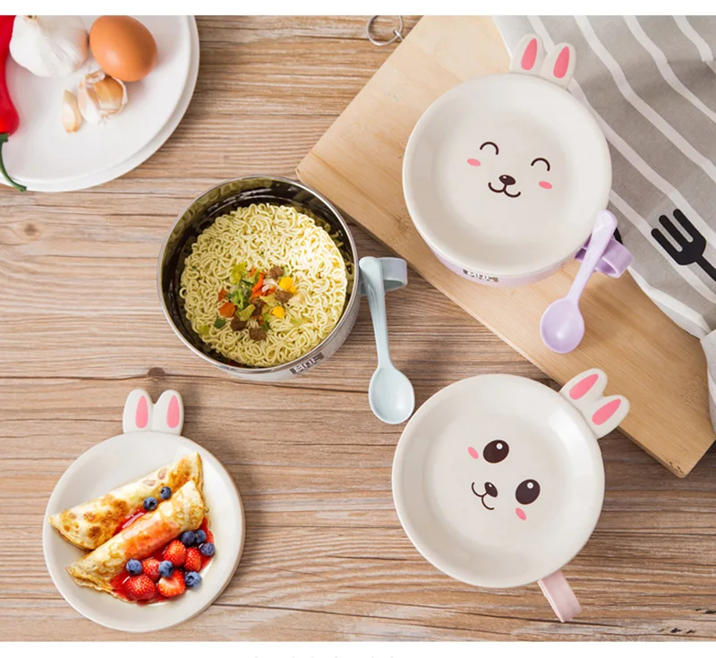 Мультяшный кролик каваи Bento Box японский стиль контейнер для еды для ребенка из нержавеющей стали путешествия портативный Ланчбокс пластик