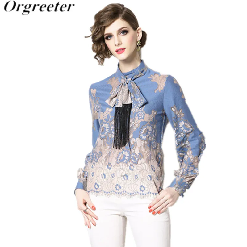 

Lace Blouse Summer New 2019 Long Sleeve Vintage Flowers Printed High Quality Shirt Tassel Sashes Office Lady Elegant Shirt