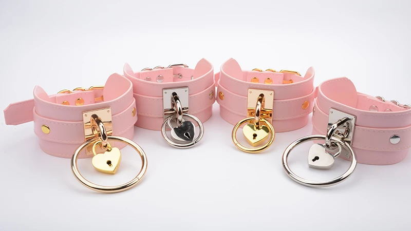 Sexy Women Pastel Goth Handmade Lockable Gold Heart Choker Necklace With Big O Round Collar Two Layer PU Leather Chocker Girls 12