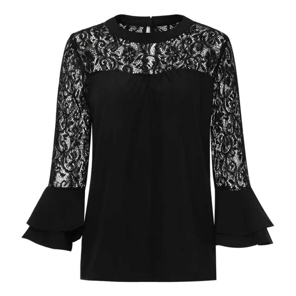 

Elegant Summer Women Tops And Blouse Flare Long Sleeve White Lace Shirts Hollow Out Ladies Office Tops Transparent Blusas Mujer