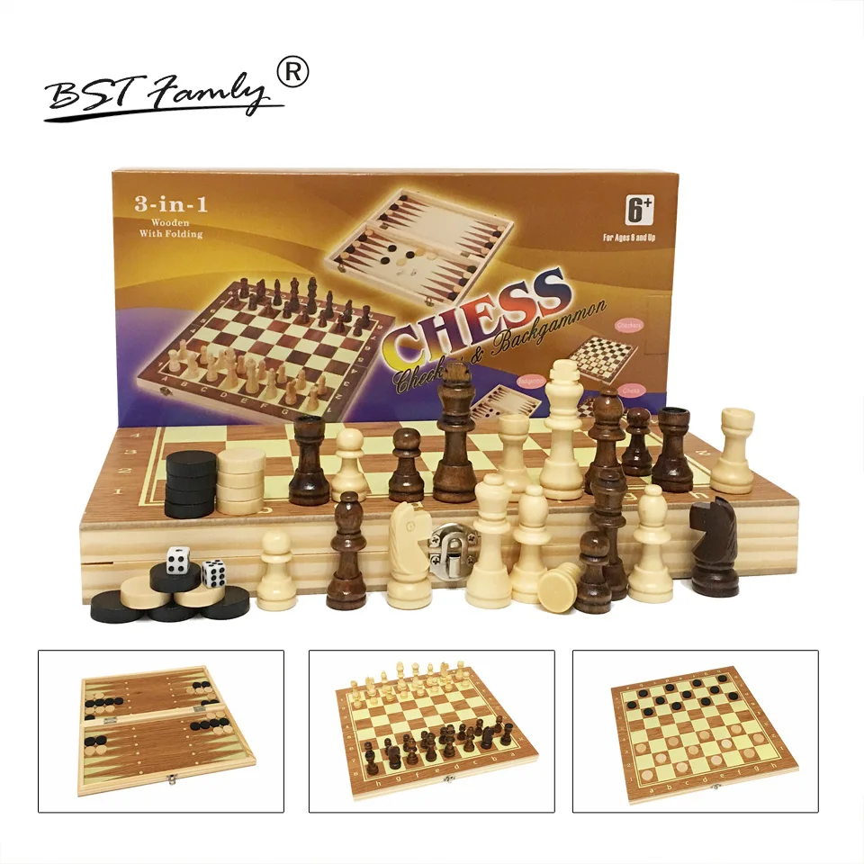 3 in 1 Wood Chess Set Folding Board Chess Checkers Backgammon Game Free Shipping 
