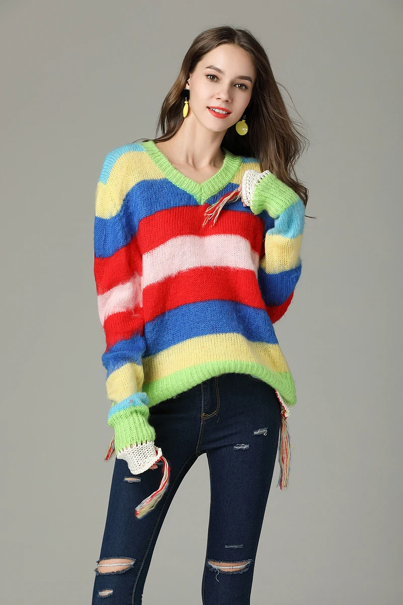Rainbow Stripe Sweaters Women 2018 Autumn Winter Sweater Mohair Fringe