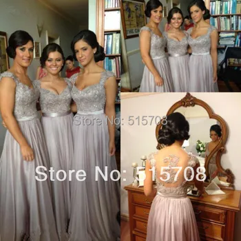 

Fashion Grey Sweetheart Long Chiffon Lace Bridesmaids Dress Wedding Party Sash Evening Dresses Custom Mlake