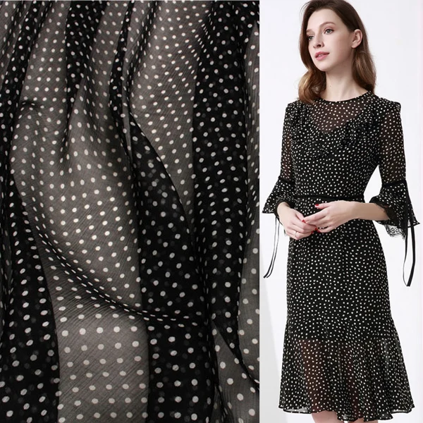 

Pure silk crinked georgette gauze fabric mini polka dot on black bottom,SCG392