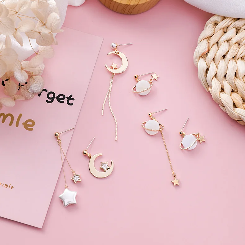 

Fairy Korean Style Fashion Women Earrings Original Design Pearl Shell Star Moon Asymmetrical Sweet Girls Chic Cute Long Earrings