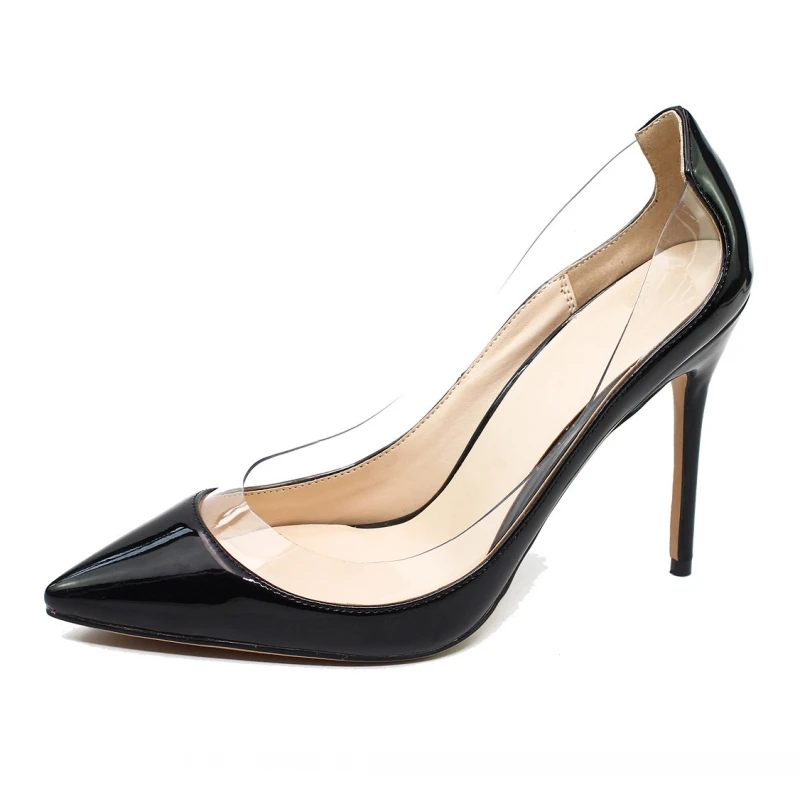 

Black Green Fashion New Women Pumps Shallow Genuine Leather Shoes Thin Heel Transparent Patent Leather High Heels Shoes SR-A0011