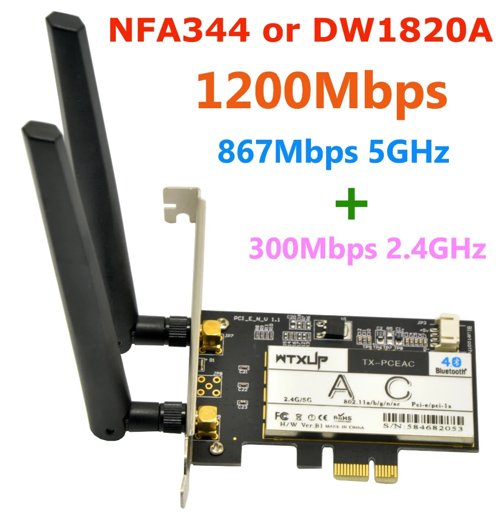 

WTXUP Qualcomm Atheros NFA344 802.11ac 1200Mbps PCi Express Desktop WiFi Adapter Wireless PCI Express Adapter with Bluetooth 4.1