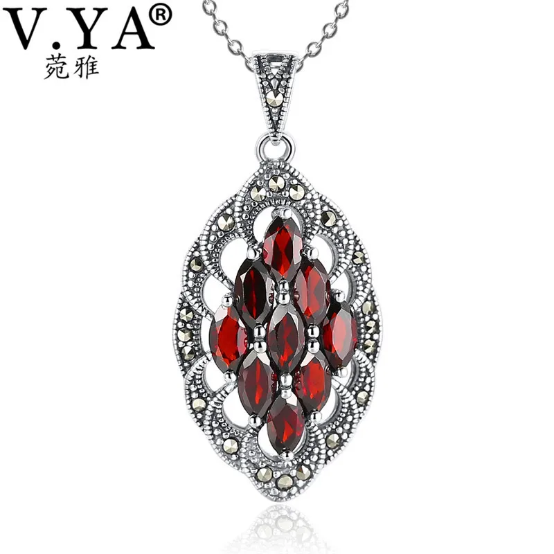 

V.YA Retro Thai Silver Garnet Stone Pendant Fit Necklace 100% 925 Sterling Jewelry For Women Wedding Birthday Gift