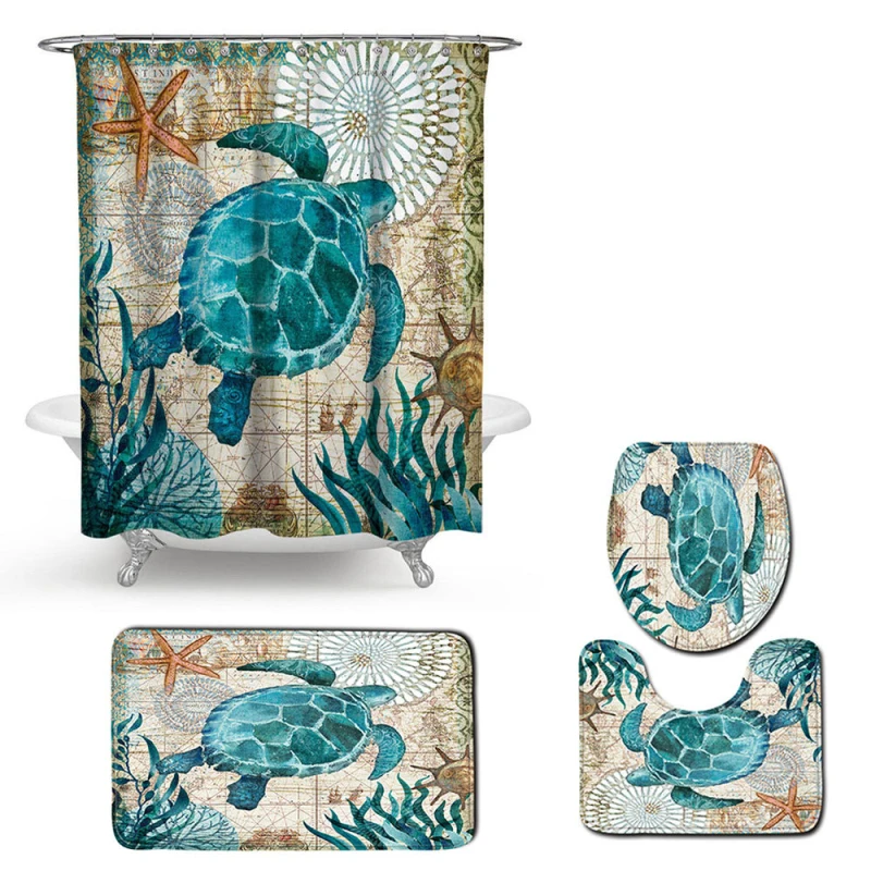 

4Pcs Turtles Printed Pattern Shower Curtain Rug Lid Toilet Cover Bath Mat Set Bathroom Curtains Accessories with 12 Hooks