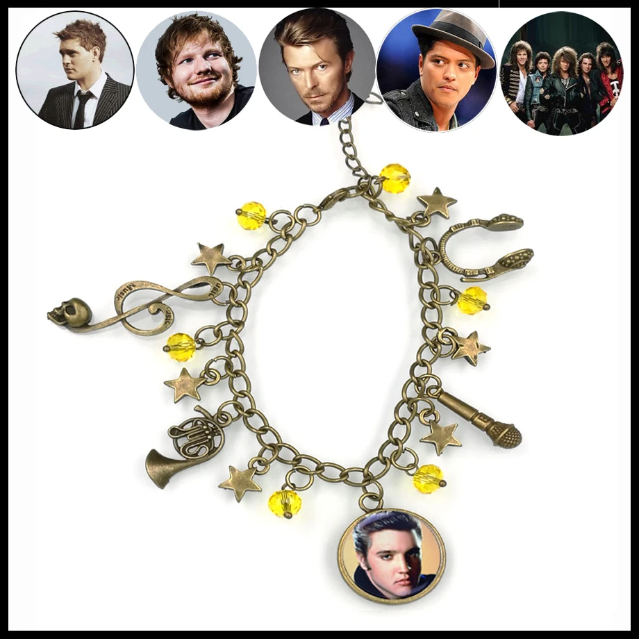 

elvis presley inspirational CHARM BRACELET SINGER MUSIC microphone Bruno mars bon jovi david bowie ed sheeren michael BF218