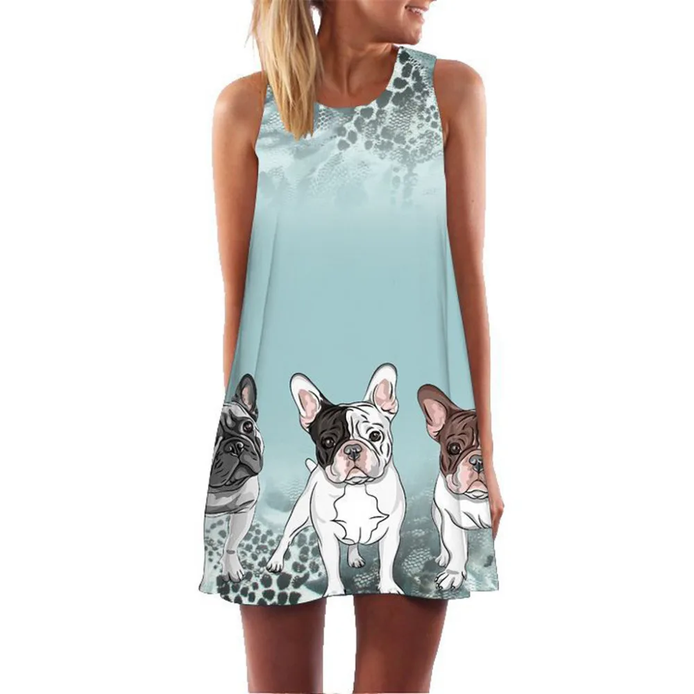 

2019 Women's Causal Sleveless Boho Dog Green Print Vintage summer dress Faldas Mujer vestidos vestido robe femme sukienki