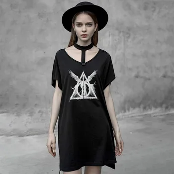 

PUNK RAVE Girls Punk Short Sleeve Black Loose T-shirt Women New Summer Back Printed Gothic Tops Tee