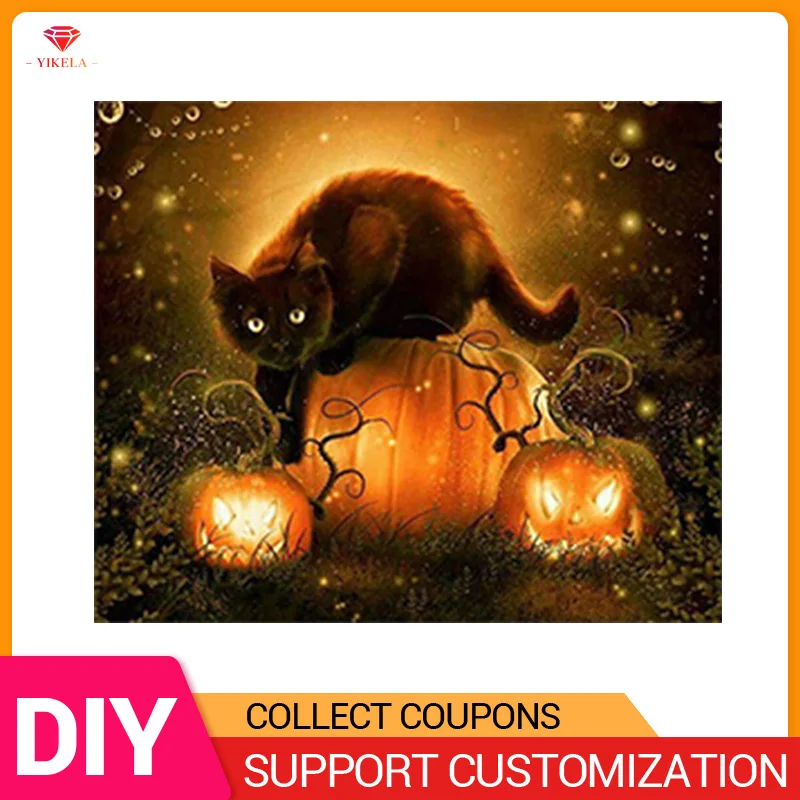 

YIKELA 5D DIY Diamond Painting Halloween Pumpkin Cat Sewing Accessories Full Round Diamant Paining Embroidery Stitch Decor