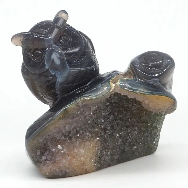 

3.98" Owl Statue Natural Gemstone Agate Geode Crystal Carved Crafts Home Decor