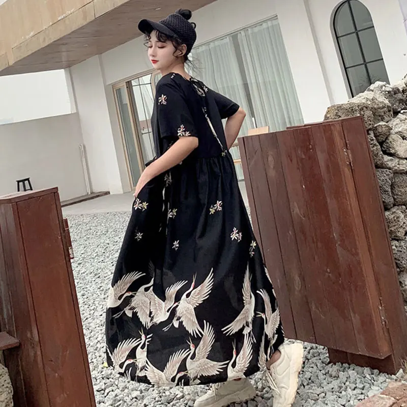 

Retro Women Dresses Crane Printed High Waist Loose Dress 2019 New Summer Fashion Casual Female Dress Drop Shipping