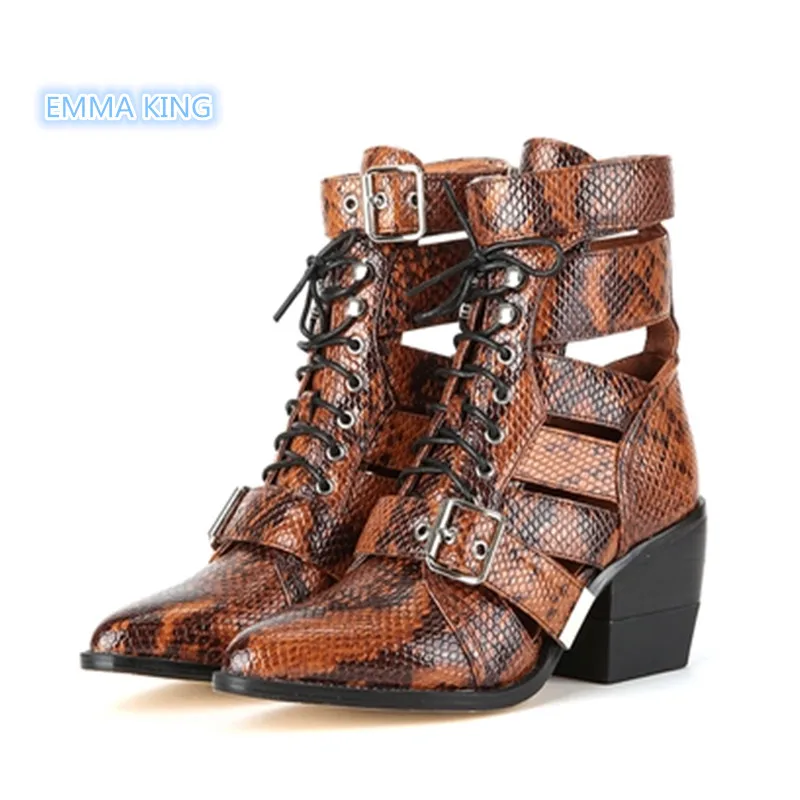 

Fashion New Women Martin Boots Pointed Toe Square Heels Ankle Boots Women Shoes Lace Up Buckle Strap Hollow Sexy Ladies Shoes