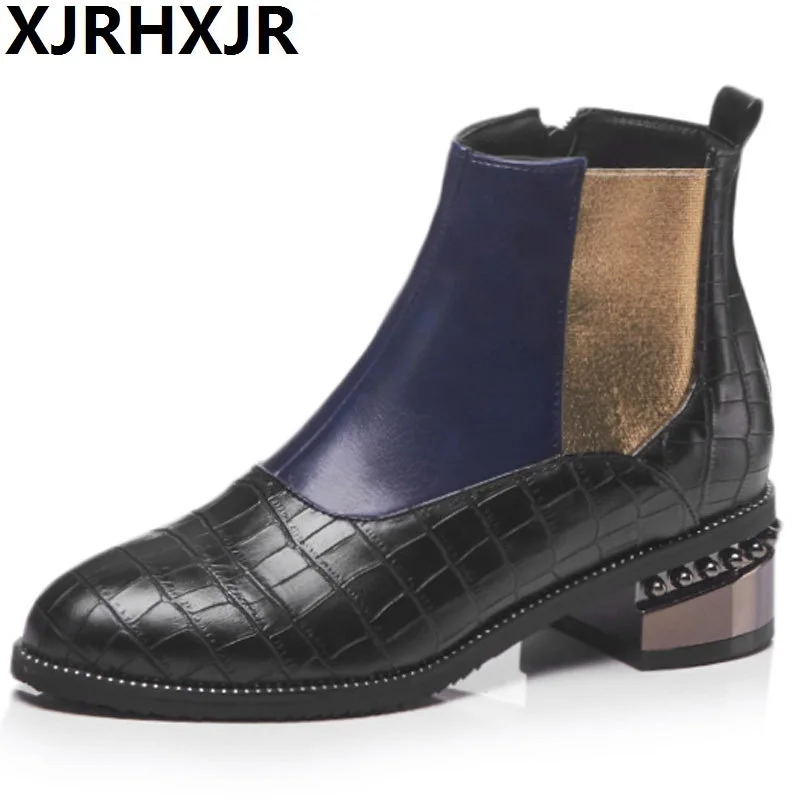 

British Style Woman Ankle Boots Winter Warm Shoes Woman Crocodiles Stone Pattern Martin Boots Leather Chelsea Boots Brand