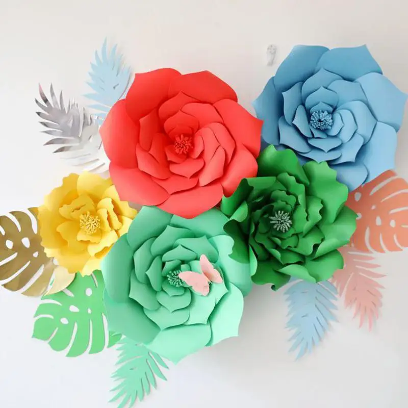 Giant Card Stock Paper Flowers With Leaves Full Wall Wedding Backdrops