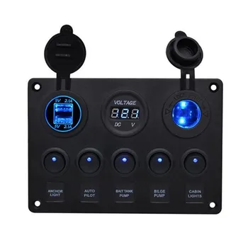 

WUPP 12V Power Outlet 5 Gang ON-OFF Toggle Switch Panel Cigarette lighter Charger Dual USB Socket Voltmeter for Car Boat Marine