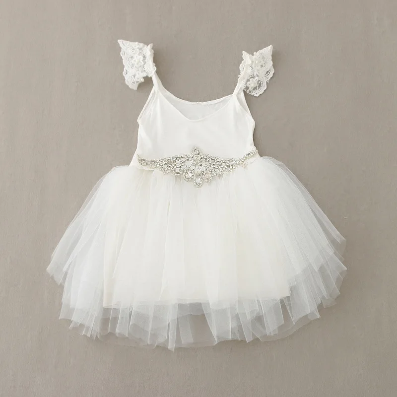 

2015 summer crystal belt lace patchwork fly sleeve girls princess dress for wedding clothes suit 2~7 age baby flower girls dress