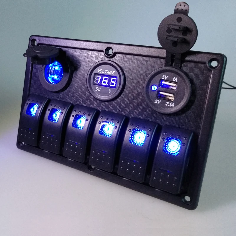Marine Electric Blue LED 6 Gang Toggle Switch Panel 12V-24V Waterproof