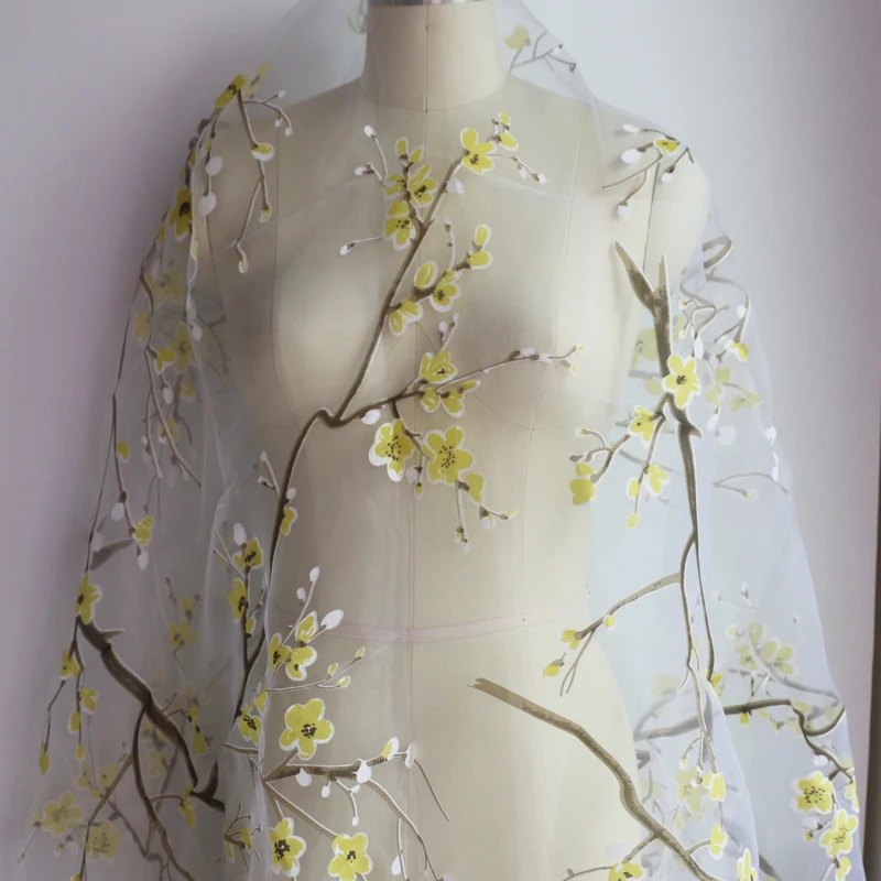 Натуральный белый органза Ткань 3d Цветочные жаккардовые Свадебные марли