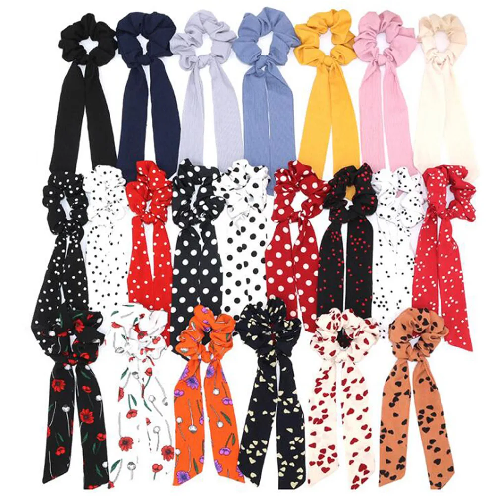 Boho Style Printed Ribbon Bow Hair Scrunchies Elastic Hair Bands Women Elegant Polka Dot Knotted Scarf Hair Accessories Headwear