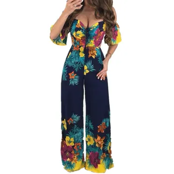 

hirigin Women Floral Print Off Shoulder Jumpsuit Sexy Strapless Backless Summer Beach Long Pants Sleeveless Playsuits Overalls
