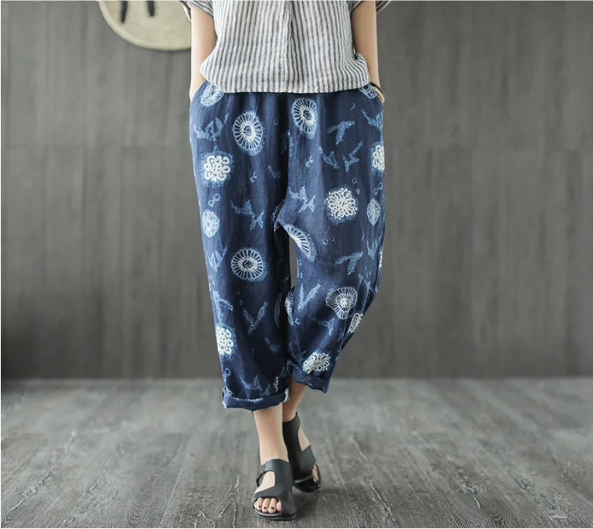 Summer Pants Women Fashion Retro Loose Trousers Elastic