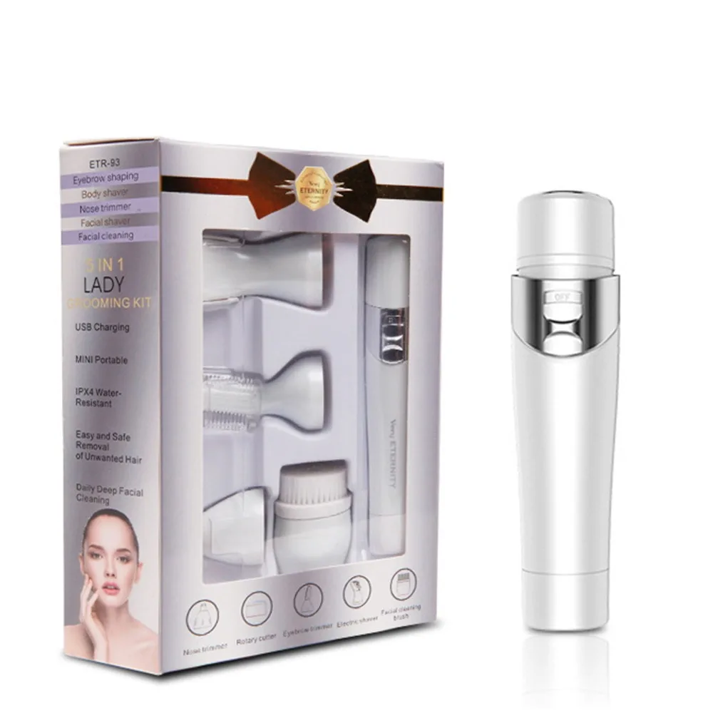 

5in 1 Multi-Functional USB Rechargeable Shaver Eyebrow Shaping Nose Ear Hair Removal Device Face Cleaner