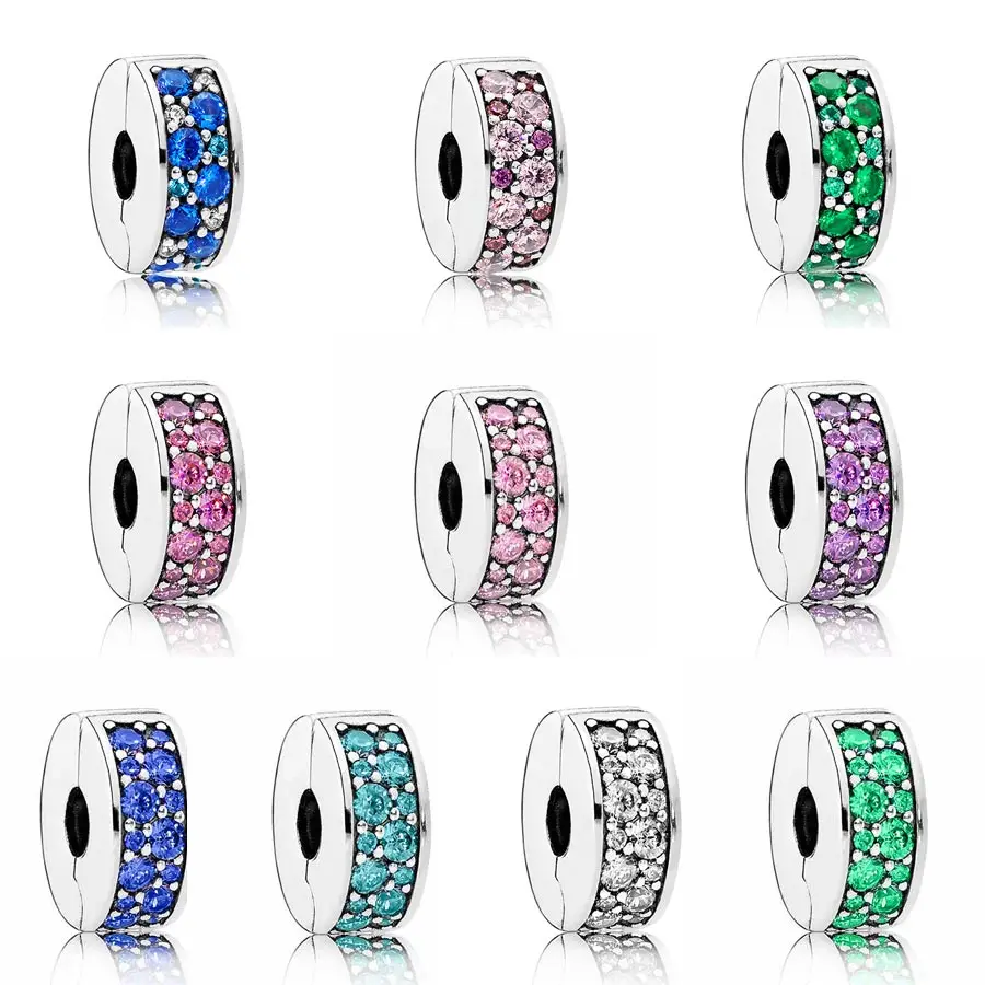

New 925 Sterling Silver Bead Charm Multicolor Mosaic Shining Elegance Clip Stopper Beads Fit Pandora Bracelet Bangle Diy Jewelry