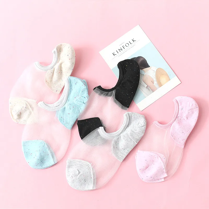 

4pairs Korean Spring and Summer New Glass Silk Female Boat Socks Fashion Point Yarn Shallow Mouth Ladies Invisible Ankle Socks