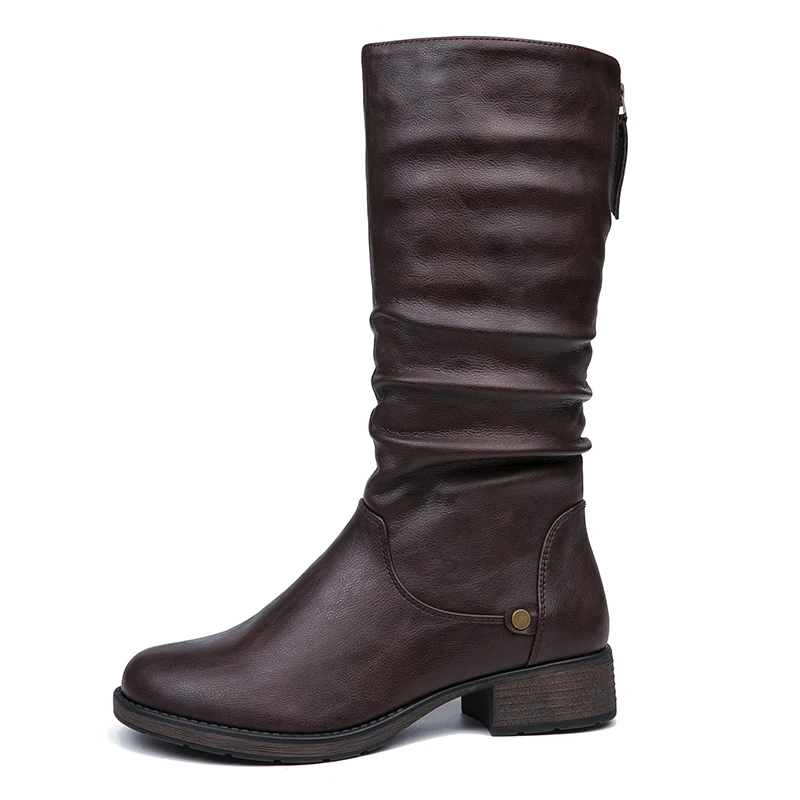 AIMEIGAO New Autumn Winter Mid-calf Women Boots Flats Heels Warm Plush PU Leather Boots High Quality Knee High Boots