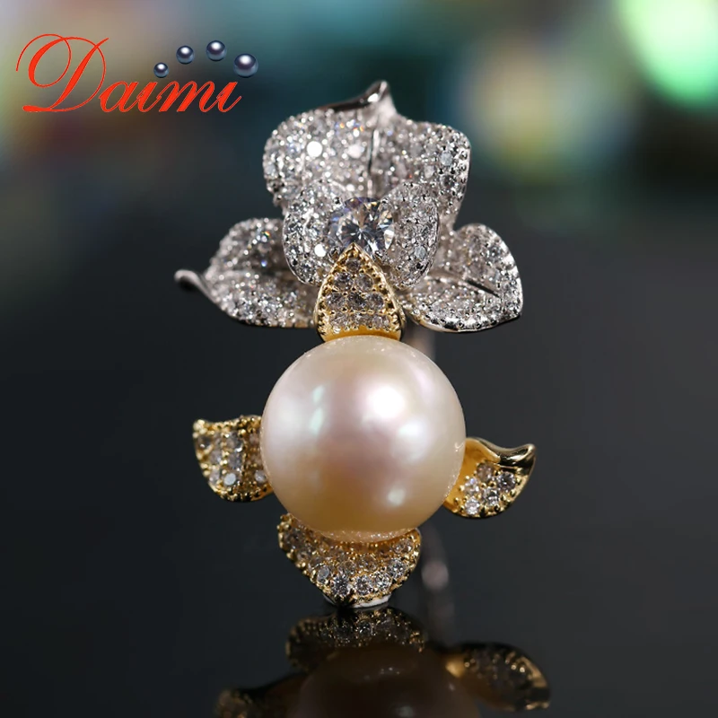 

DAIMI Designer Silver Ring Large Flower Ring 925 Sterling Silver with 12-13mm Natural Pearl Ring