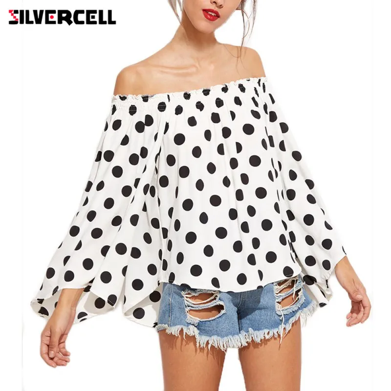 

SILVERCELL Spring Autumn Off Shoulder Blouse Women Cute Polka Dot Flare Sleeve Blouse Female sexy chiffon Blouses Casual tops