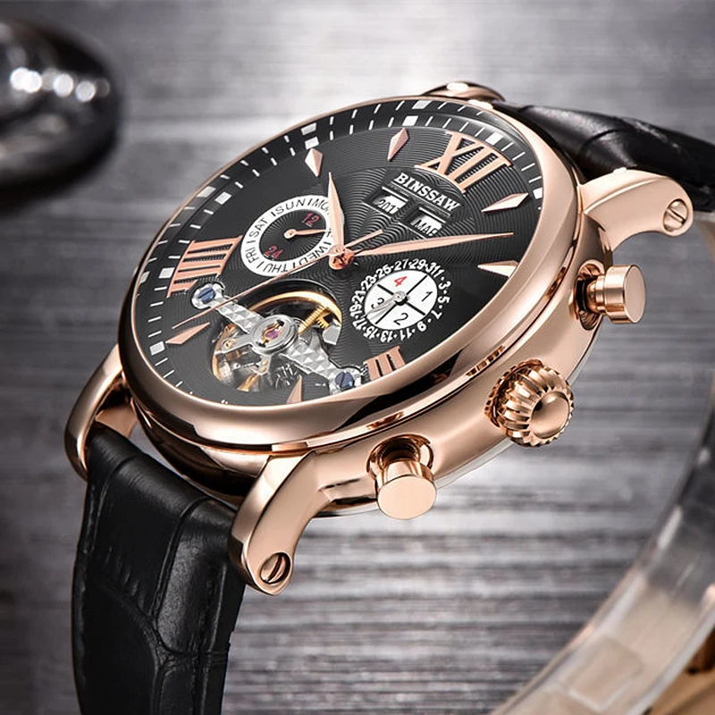 BINSSAW Men Tourbillon Full-automatic Mechanical Watch Luxury Fashion Brand Leather Man Calendar Week Multifunctional Watches