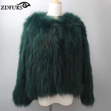 New real raccoon fur knitted coat women jacket winter olive green/ army green
