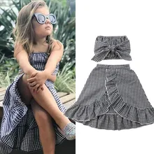 Комплект из 2 предметов; летнее платье для маленьких девочек; одежда для малышей; клетчатые Топы без бретелек; юбка с оборками; повседневные пляжные платья; одежда для детей