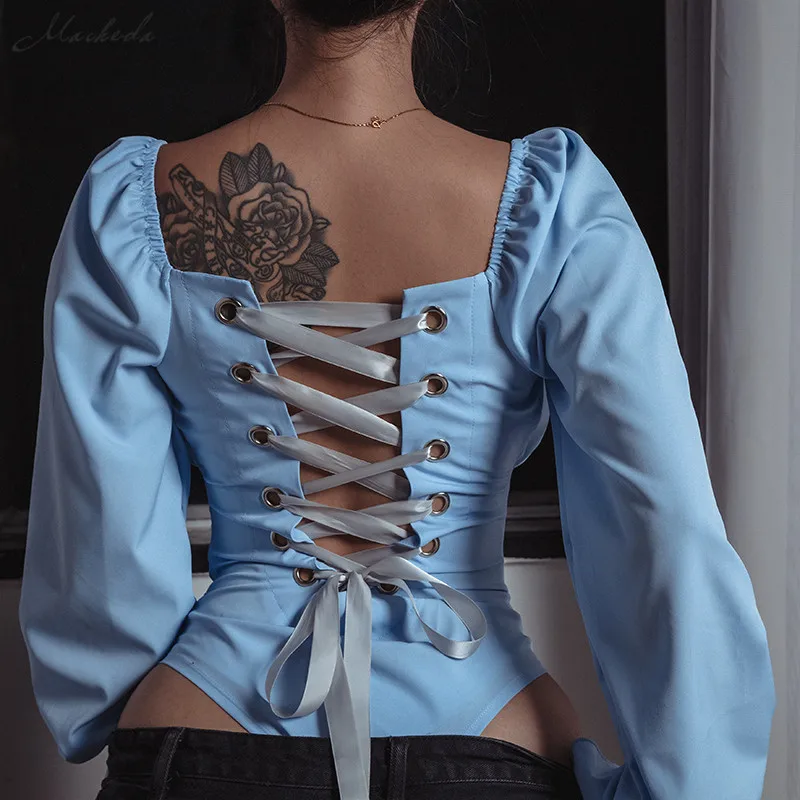 Najtaniej Macheda koronka Up kombinezon bez pleców kobiet jednolity kolor, długi z długim rękawem kombinezon slim kwadratowy kołnierzyk Skinny body na co dzień 2018 nowy