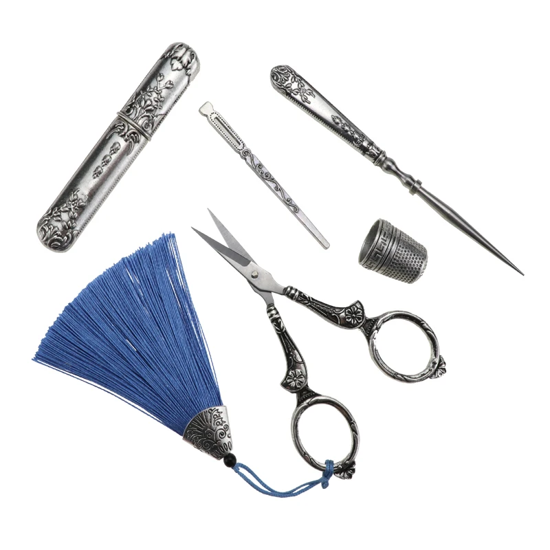 

5pcs / set Vintage silver embroidery scissors sewing gift thimble needle case punch Tailor scissors JDD01