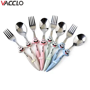 

Vacclo 2pcs/set Wheat Cartoon Children's Tableware Cute Animals Stainless Steel Fork Spoon Health and Environmental Protection