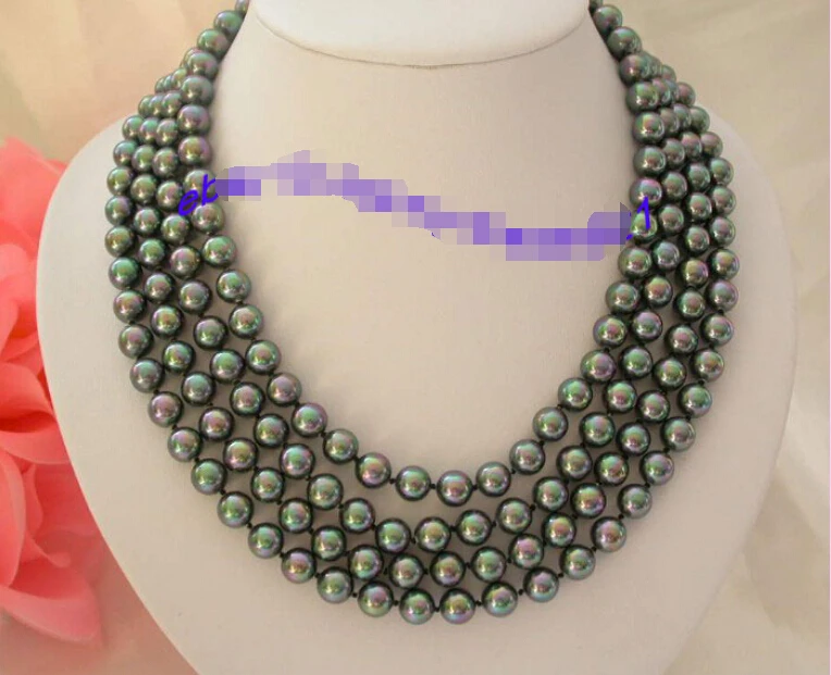 

shipping Gorgeous 4 strands 8mm round peacock black south seashell mater pearls necklace