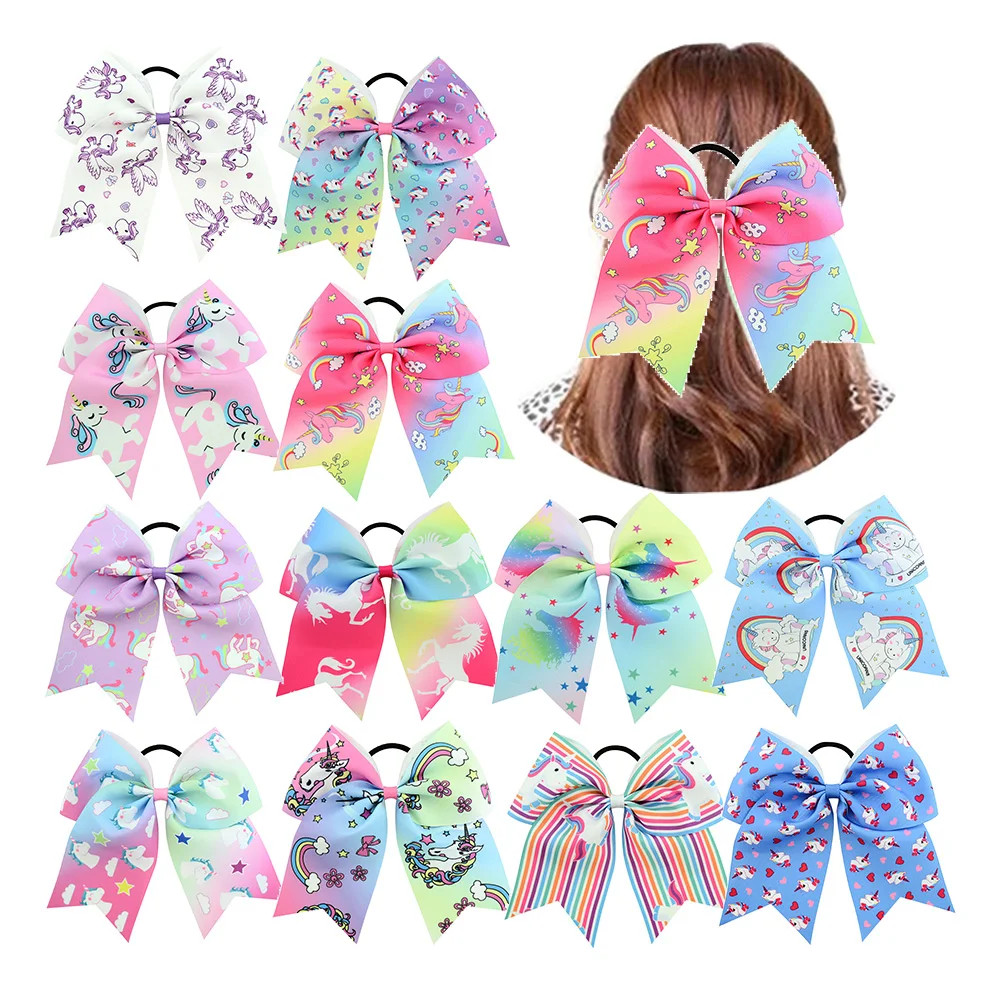 

7 Inch Unicorn Cheerleader Ribbon Hair Bow 12PCS Large Cheerleading Bows Tie With Elastic Band Hair Rope For Teens Girls