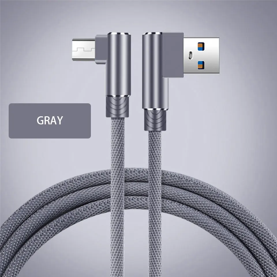 gray Micro USB кабель для быстрой зарядки 90 градусов локоть нейлоновая оплетка 1 м 2 м 3 м кабель для зарядки и передачи данных для samsung Xiaomi Redmi LG MicroUsb V8 - Цвет: gray