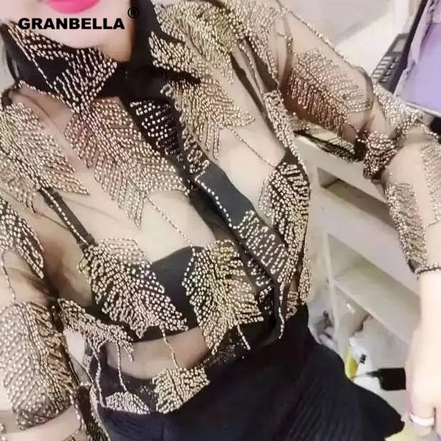

New arrival European Runway style beads women's blouses tops ,ladies high quality sexy transparent lace sequins elegant blouse