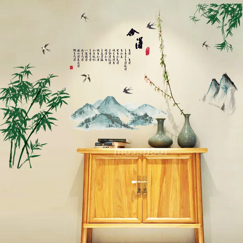 

Chinese Culture Abandon Getting Poet Wall Stickers Swallow Bamboos Mountains Chinese Classic Scenery Wall Decals Home Decor Art